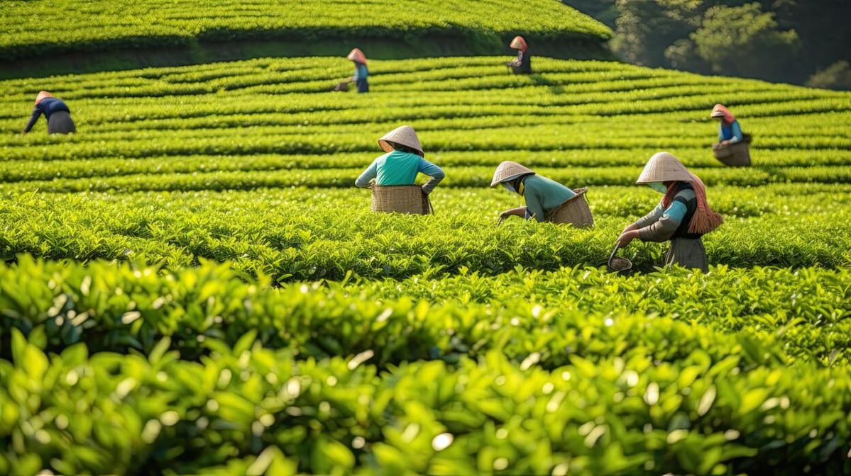 Tea workers picking fresh leaves across a sunlit terraced tea garden