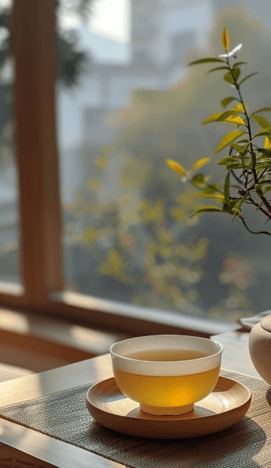 A golden cup of Pu-erh tea on a wooden tray beside a sunlit window