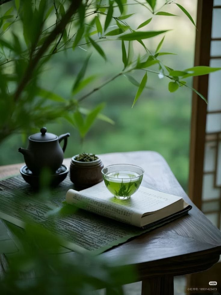 A tea table by a window with a small pot, a caddy and a cup of tea on an open book